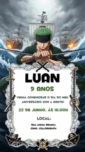 Convite de Aniversário Zoro One Piece para Editar Online