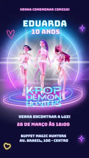 Convite de Aniversário K-Pop Demon Hunters Neon Editável