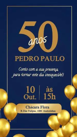 Convite Aniversário Adulto Azul e Dourado Elegante para Editar
