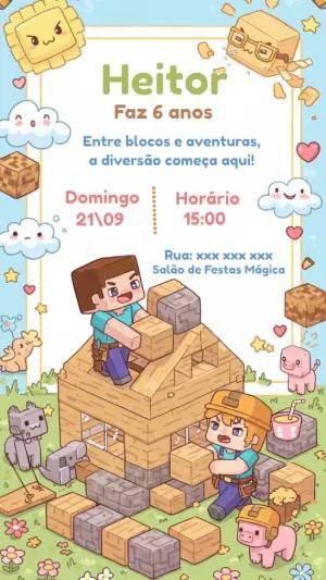Convite de Aniversário Minecraft Fofo para Editar Online