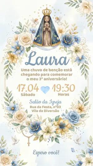 Convite de Aniversário Nossa Senhora Aparecida Aquarela Editável