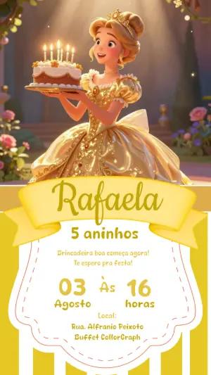 Convite de Aniversário Princesa Dourada 3D para Editar