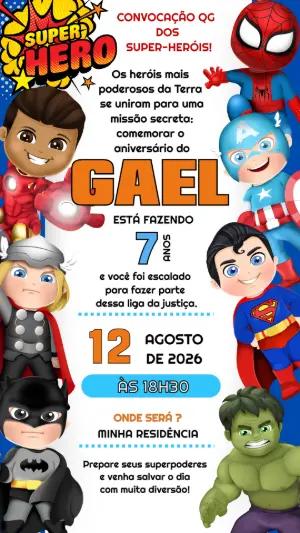 Convite de Aniversário Super-Heróis Infantil para Editar