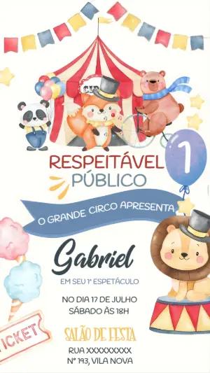Convite de Aniversário Circo com Animais em Aquarela para Editar