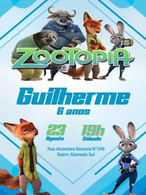 Convite de Aniversário Zootopia com Personagens para Editar
