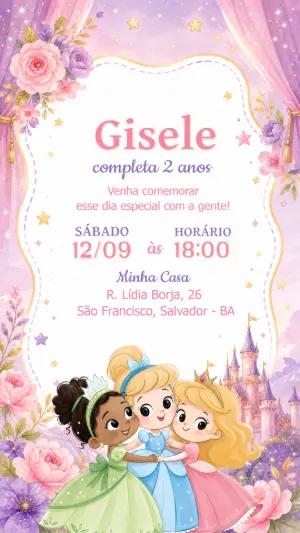 Convite Aniversário Princesas Disney Aquarela para Editar