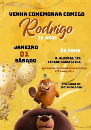 Convite de Aniversário Infantil Urso e Castor Amarelo Editável