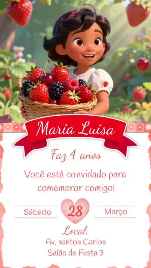 Convite de Aniversário Infantil Menina no Campo de Morangos Editável