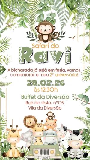 Convite Digital Aniversário Infantil Tema Safari para Editar