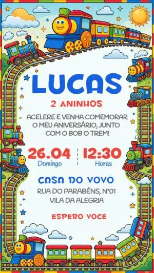 Convite de Aniversário Infantil Tema Trem Colorido Editável