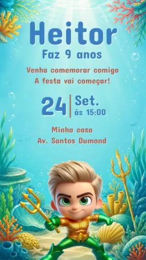 Convite de Aniversário Aquaman Infantil Editável