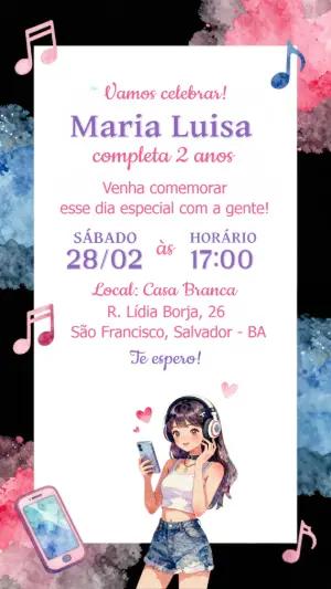 Convite de Aniversário Musical Anime para Editar Online