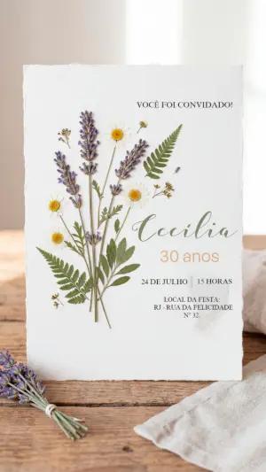 Convite de Aniversário Rústico com Flores Secas Editável