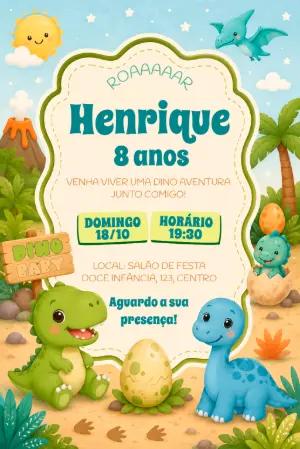 Convite de Aniversário Dino Baby Editável para Editar