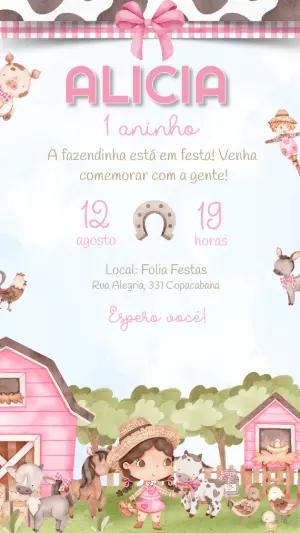 Convite de Aniversário Fazendinha Rosa para Editar