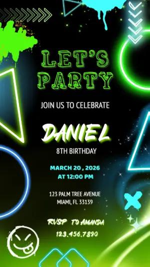 Editable Neon Gamer Birthday Party Invitation Template