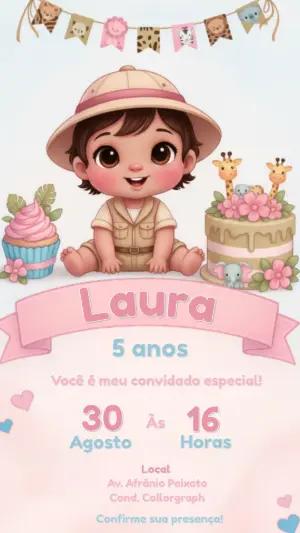Convite de Aniversário Safari Menina Rosa Editável
