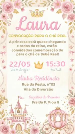 Convite Chá de Bebê Princesa Rosa e Dourado Editável