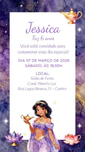 Convite de Aniversário Princesa Jasmine Roxo para Editar Online