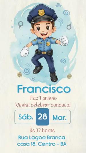 Convite de Aniversário Policial Fofo em Aquarela para Editar