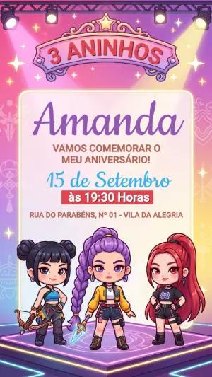 Convite Aniversário Menina Guerreiras K-Pop Modelo Editável