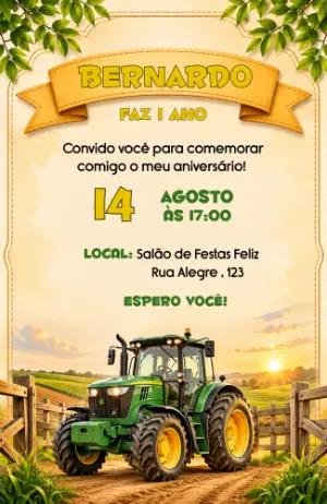 Convite de Aniversário Fazendinha Trator Verde para Editar