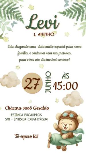 Convite de Aniversário Ursinho Aviador Editável