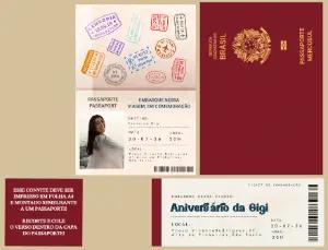 Convite de Aniversário Tema Viagem Passaporte Modelo Editável