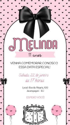 Convite de Aniversário Menina Laço Preto e Rosa Editável