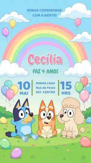 Convite de Aniversário Bluey e Bingo Colorido para Editar