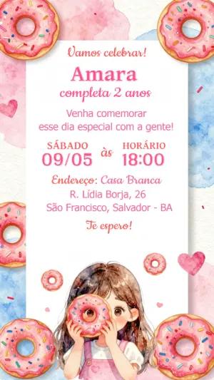 Convite de Aniversário Infantil Tema Donut Aquarela Editável