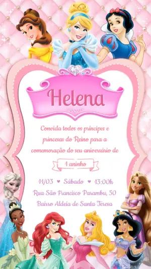 Convite de Aniversário Princesas Disney Rosa para Editar