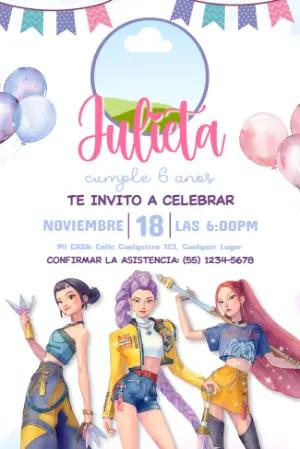 Invitación de Cumpleaños Las Guerreras K-Pop para Editar