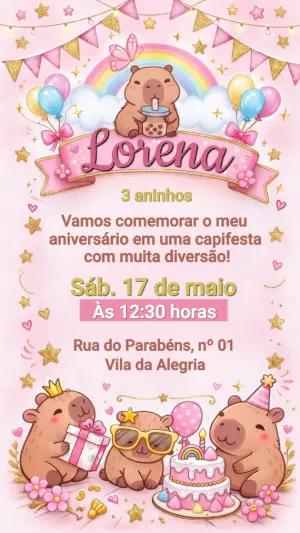 Convite de Aniversário Capivara Rosa e Dourado Editável