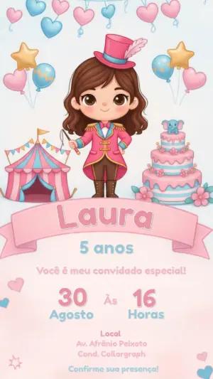 Convite de Aniversário Circo Rosa Menina Domadora Editável