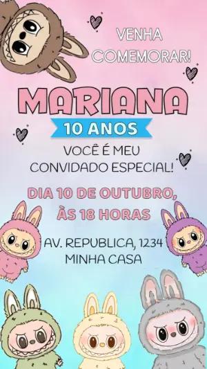 Convite de Aniversário Labubu Rosa para Editar Online