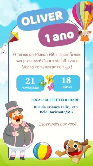 Convite de Aniversário Mundo Bita com Personagens para Editar
