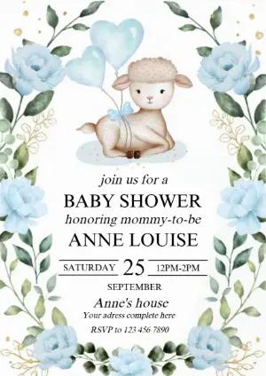 Cute Lamb Baby Shower Invitation | Editable Blue Watercolor Template
