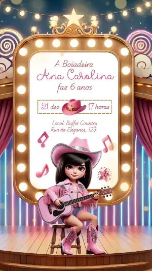 Convite de Aniversário Boiadeira Country para Editar Online