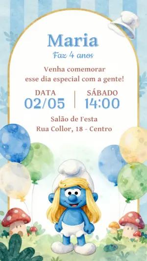 Convite de Aniversário Smurfette Aquarela para Editar