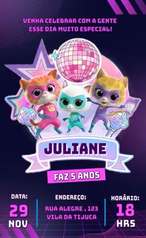 Convite de Aniversário Super Kitties Editável Tema Gatinhos