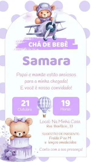 Convite Chá de Bebê Ursinha Aviadora para Editar Online
