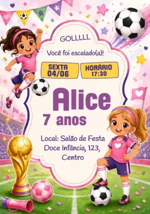 Convite Aniversário Futebol Menina Rosa para Editar