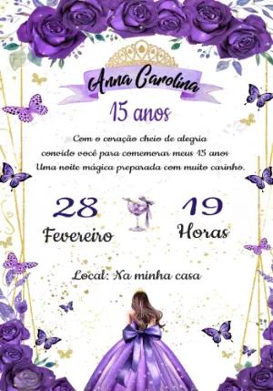 Convite de 15 Anos Roxo e Dourado com Borboletas Editável