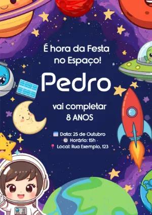 Convite de Aniversário Infantil Espacial Fofo para Editar