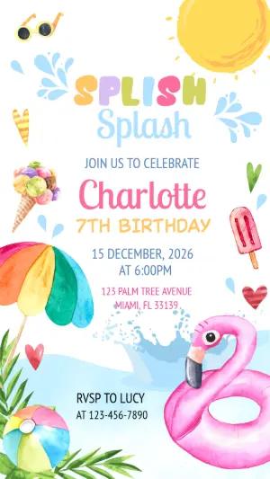 Editable Splish Splash Pool Party Birthday Invitation