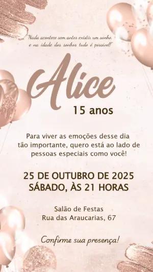 Convite de 15 anos Rosê Gold com Balões para Editar