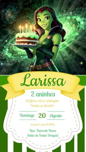 Convite Aniversário Gamora Infantil Verde Modelo Editável