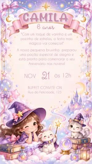 Convite Aniversário Bruxinha Mágica | Modelo Digital para Editar