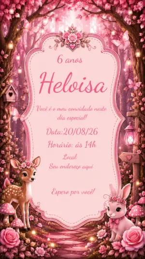 Convite Bosque Encantado Rosa Aniversário Infantil Editável
